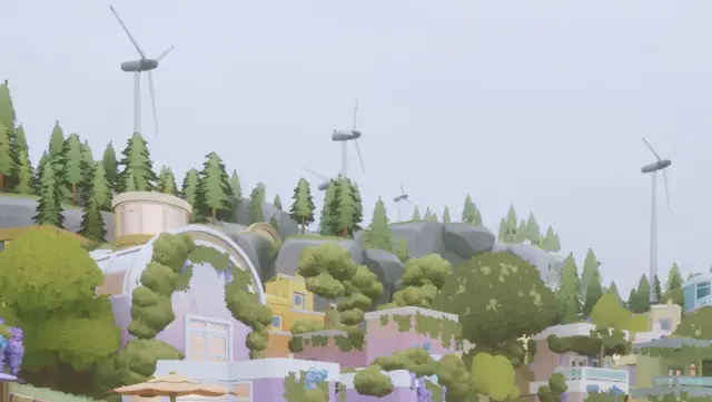 Wind turbines above green terraces in Loftia