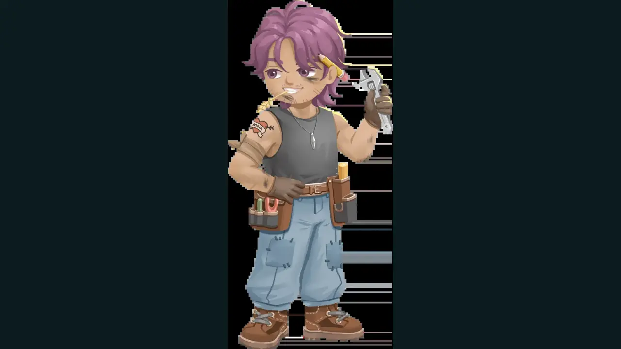 Milo wearing work clothes and carrying his tools
