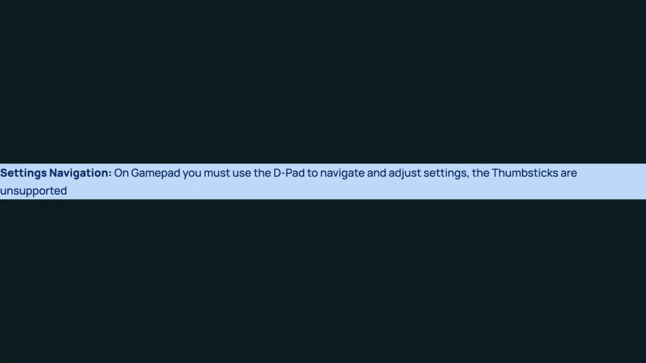 Known-issues notice specifying D-pad navigation for gamepad settings
