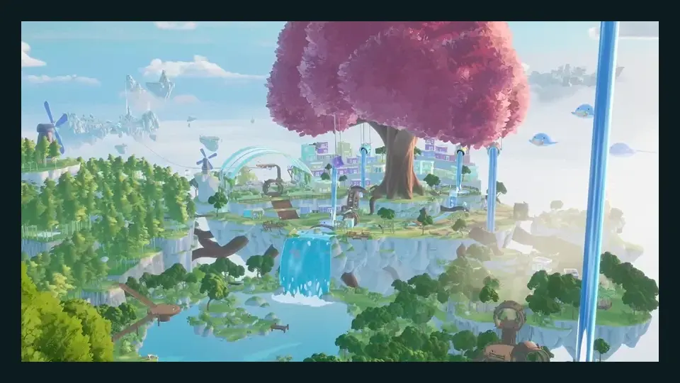 Hanging Gardens district with a pink tree and waterfalls