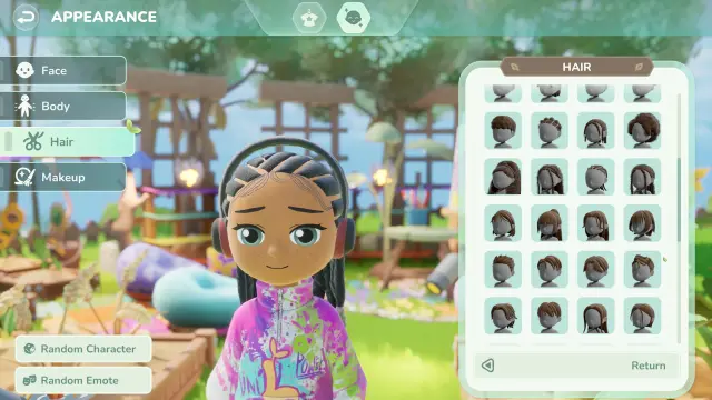 The Loftia character creator showing hair style options