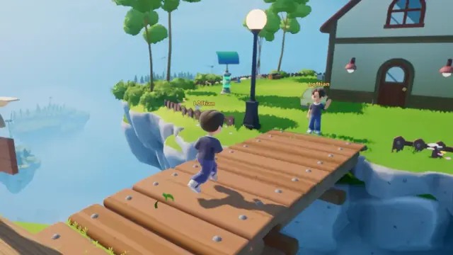Two Loftia characters beside a house exterior on connected neighborhood islands