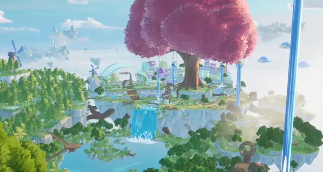 Waterfalls and a pink tree in the Loftia Hanging Gardens district