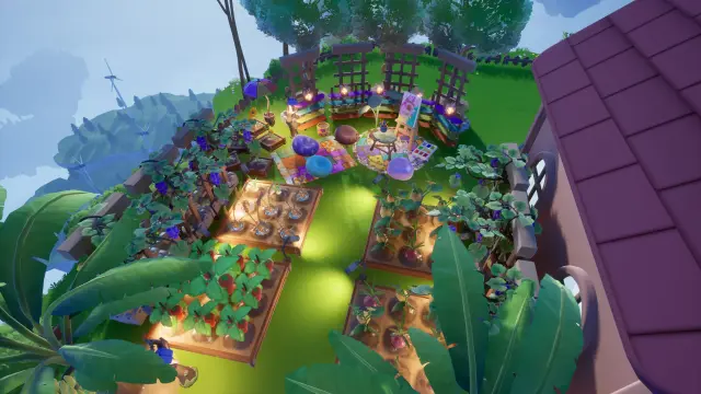 Overhead view of raised garden beds and flowers in Loftia