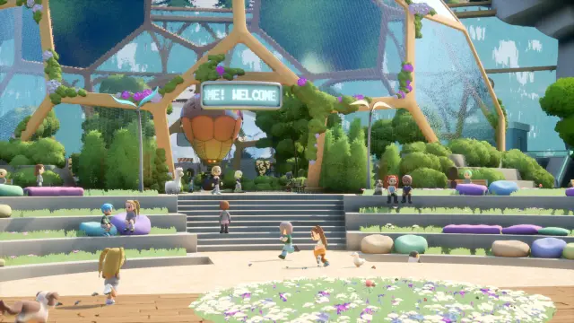 Players gathering in the Loftia City Dome plaza under a welcome sign