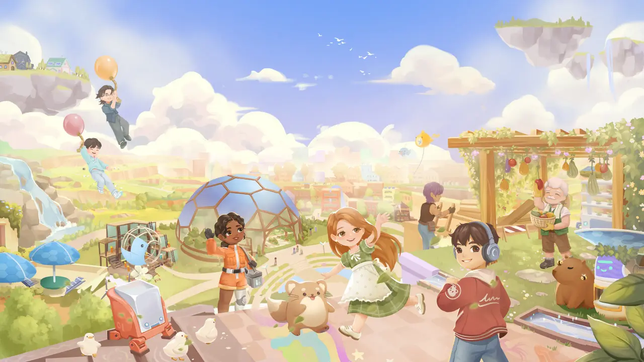 Loftia key art of friends, Pebble and neighbors celebrating beside the glass Dome on floating islands