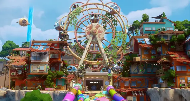 The Gridfall district ferris wheel and salvaged buildings in Loftia