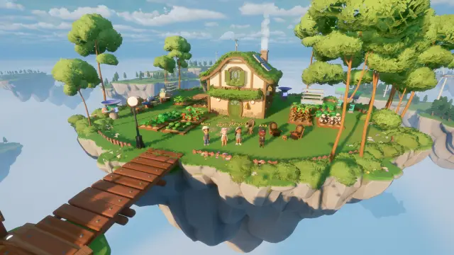 A Loftia home and garden on a floating island with a wooden bridge