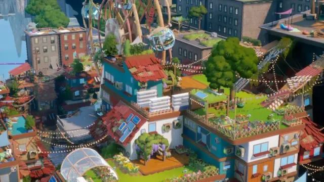 Colorful rooftop homes and solar panels in a Loftia district